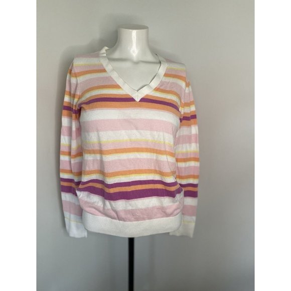Izod White Pastel Striped Womens V-Neck Sweater Size S 100% Cotton Vintage Retro - Picture 1 of 16